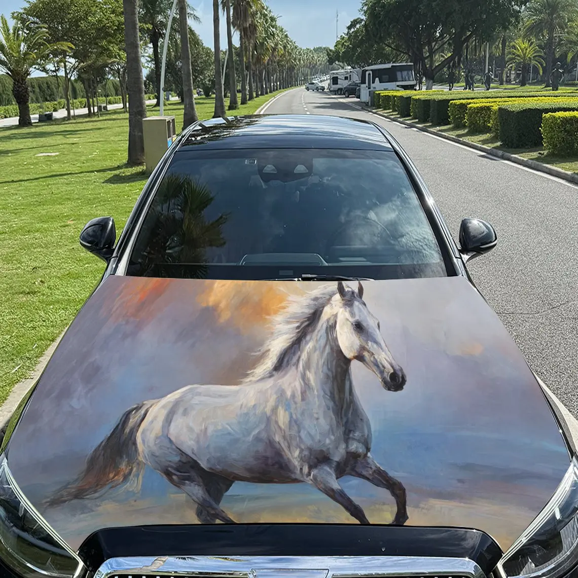 

Galloping White Horse ПВХ обертывания на капоте автомобиля, самоклеящаяся водонепроницаемая наклейка на капот автомобиля, защитные наклейки для украшения автомобиля