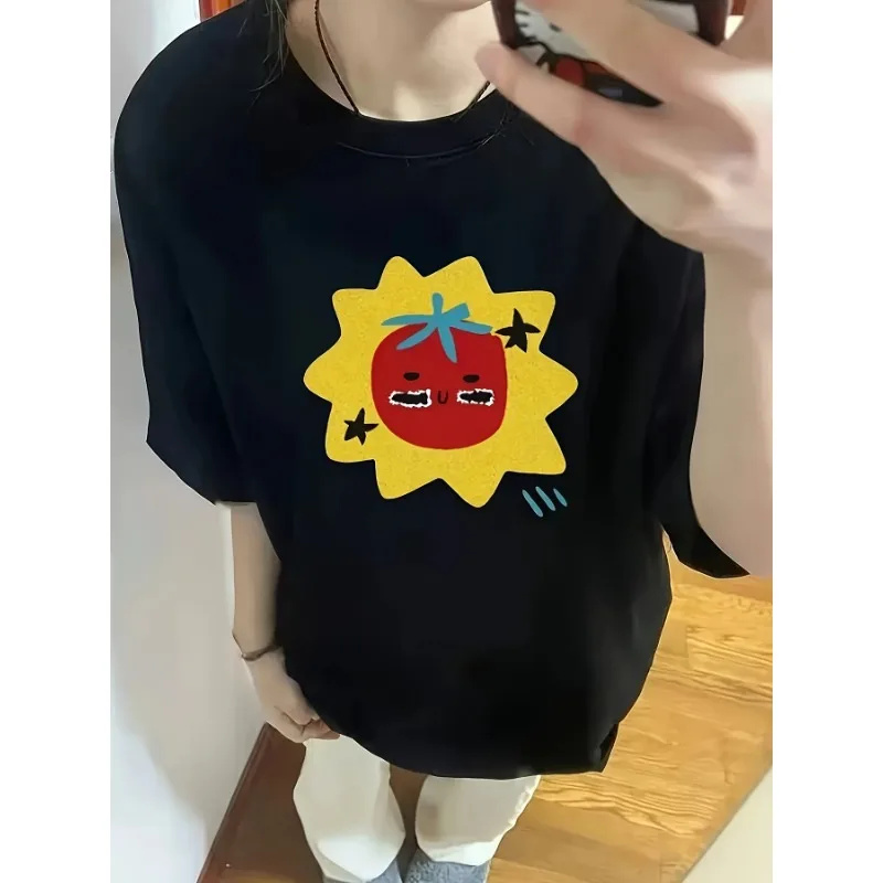 

Cartoon Pattern Tomato Print Women Tshirt Creative Round Neck Short Sleeved Women's Casual Trendy Street Top Y2K Clothing Tshirt