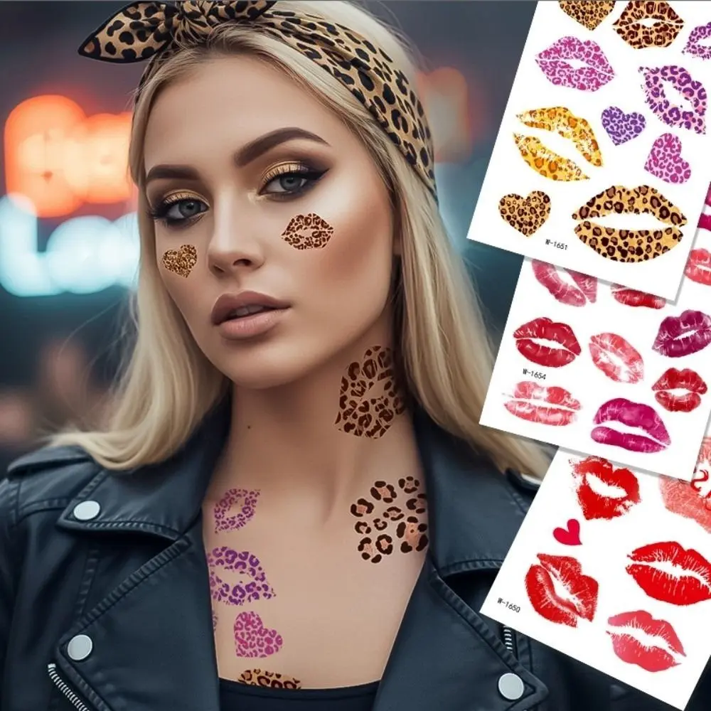 Waterproof Valentine Day Kiss Lip Stickers Disposable Leopard Print Lips Face Temporary Tattoos Funny Kiss Lip Shape