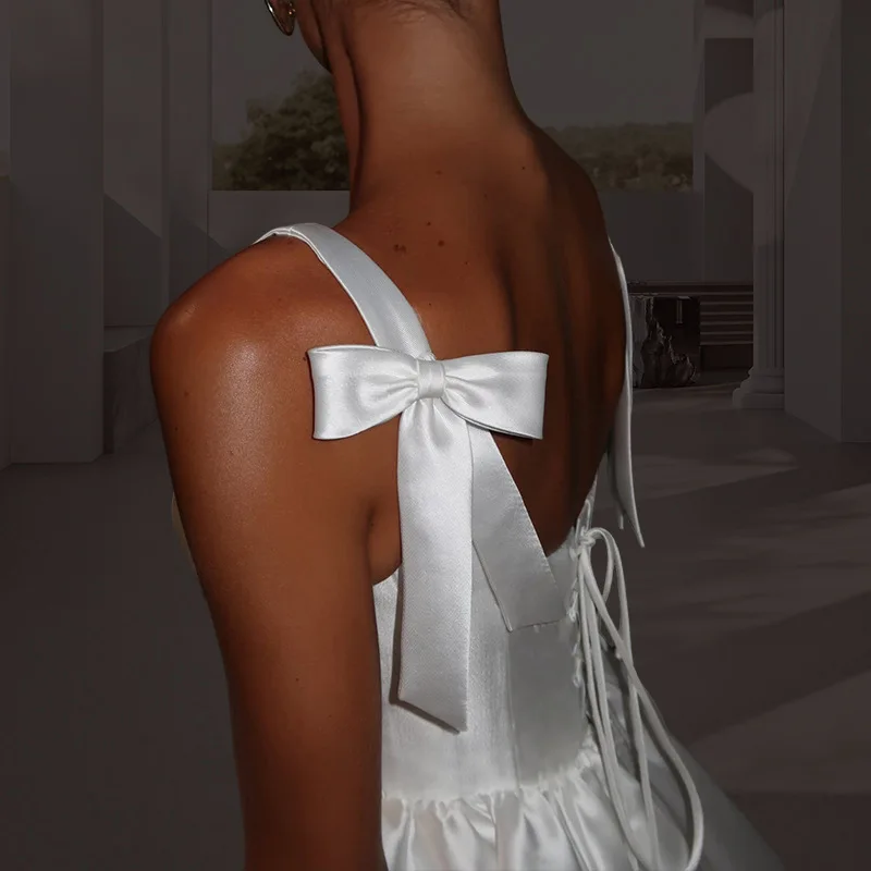 A Line Satin Mini Length Bow Spaghetti Straps  Evening Bridesmaid Dresses Wedding Party Formal Prom Birthday Lace Up Back