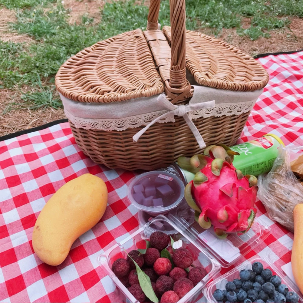 Wicker Picnic Basket with Liner Picnic Hamper with Lid and Handle Storage Basket Rattan Picnic Basket for Outdoor Camping Picnic view 3
