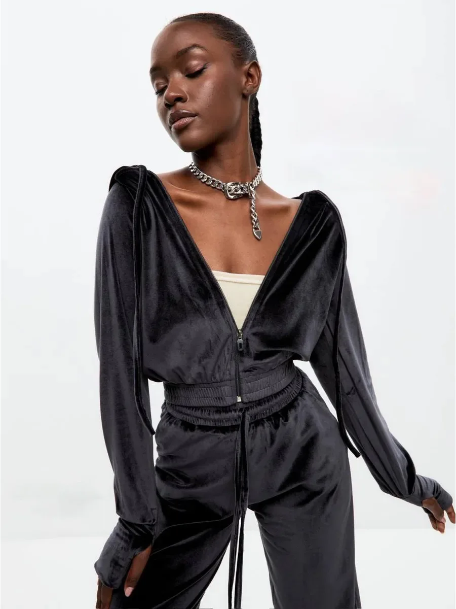 

Sexy Spice set long-sleeved hooded cardigan lace-up trousers 2-piece fashion casual sports set women's clothes long pants set