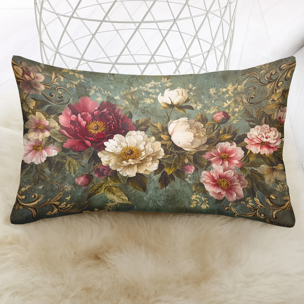 1pc Vintage Peony Floral Lumbar Pillow Cover, Suitable for Sofa, Bedroom, Living Room, Retro Room, Sweet Gift for Flower Lovers