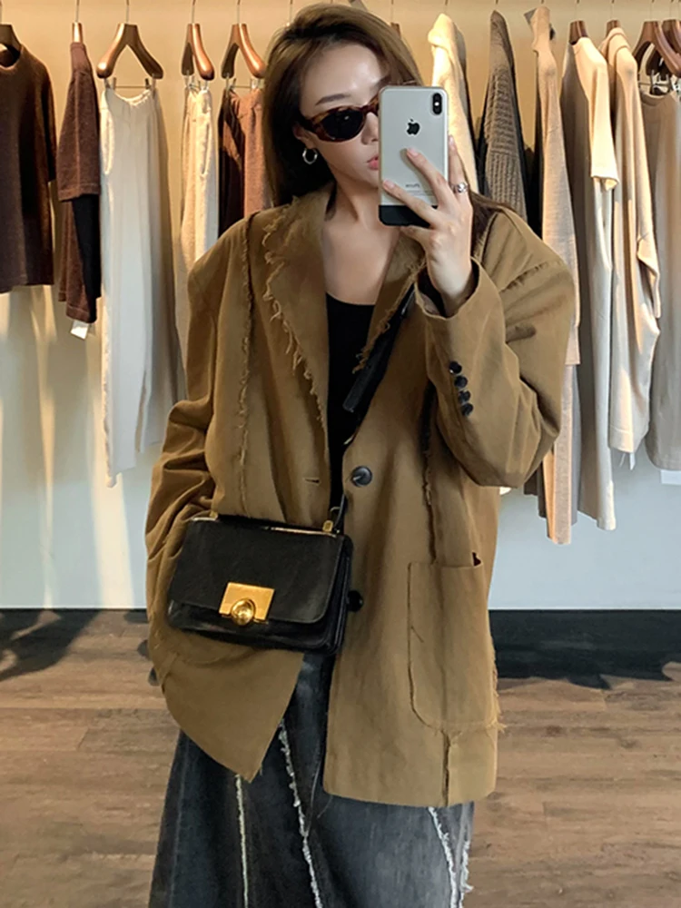 [LANMREM] Fashion Burr Edge Design Blazers For Women Notched Single Breasted Streetwear Female Jackets 2024 Autumn New CP3146