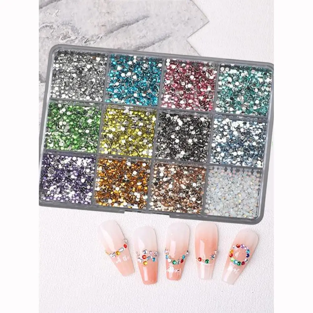12 Siatek Kolorowych Okrągłych Cyrkonii do Paznokci 3D 2mm z Płaskim Spodem z Żywicy, Diamentowe Ozdoby do Paznokci & 1 szt. Szlifierka do Paznokci + Ostrzałka, Akcesoria do Paznokci