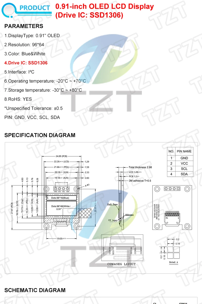 TZT 1/3 Stück 0,91 Zoll OLED-Modul Blau-Weiß OLED 96x64 OLED LCD LED Anzeigemodul 0,91" IIC Kommunikation – Detail 1