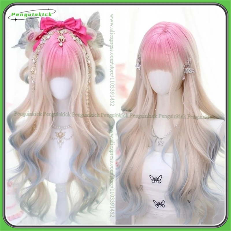 60cm Long Wavy Synthetic Wig Pink Blonde Blue Body Wave Scalp Princess Lolita Party Chic Girl Heat Resistant Hair Frosted Color