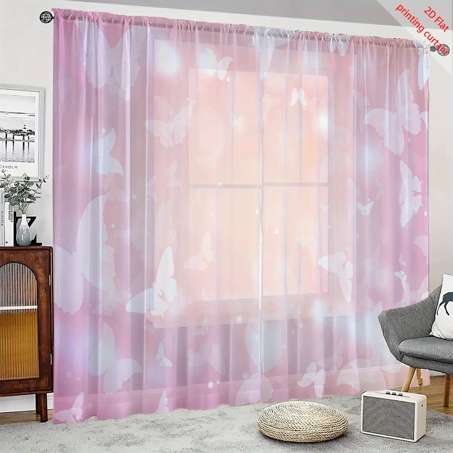 Butterfly Dream Pattern Printed Curtain, Cartoon Transparent Curtain, Office, Dormitory, Home Balcony Window Decoration