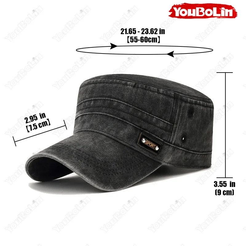 Washed Cotton Distressed Flat-Top Military Cap,New Versatile Outdoor Casual Sun Hat,UV-Protection Trucker Caps,Dad Hats