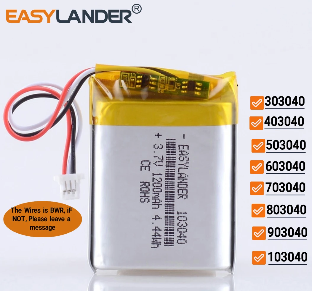 JST1.0mm 3Pin 3.7V 303040 403040 503040 603040 703040 803040 903040 103040 123040  Lithium Lipo Li-ion Polymer Battery