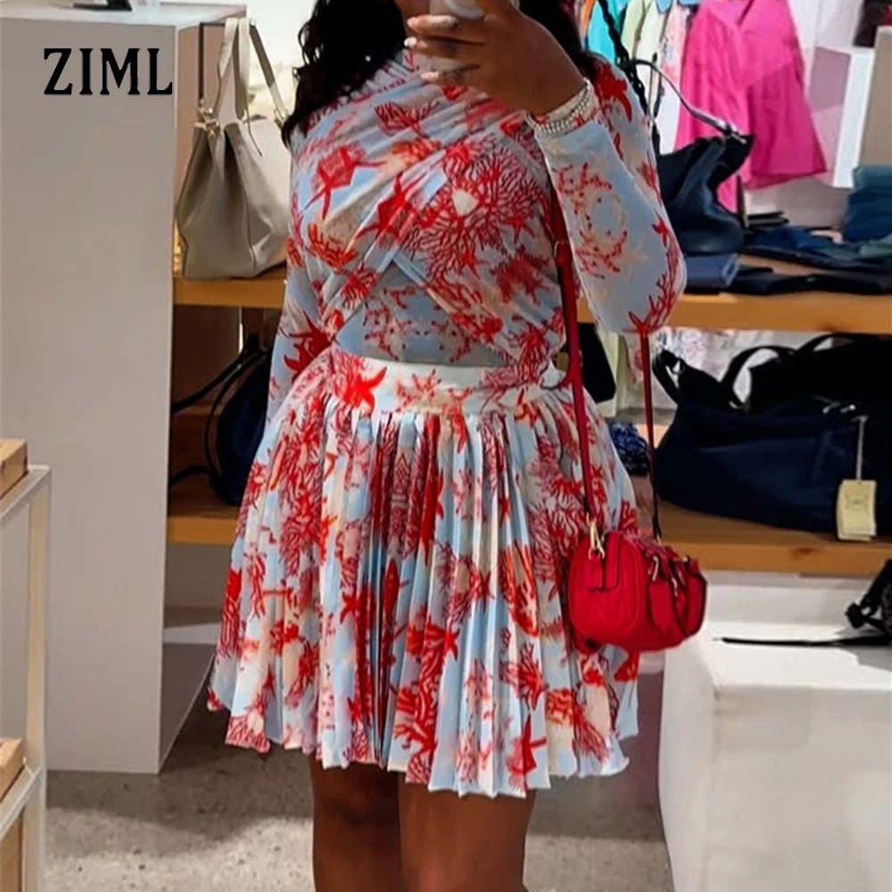 

ZIML Design Sense Folds Printing Комплекты из двух предметов для женщин Топ с круглым вырезом и длинными рукавами Юбка с высокой талией Шикарный комплект Женская мода
