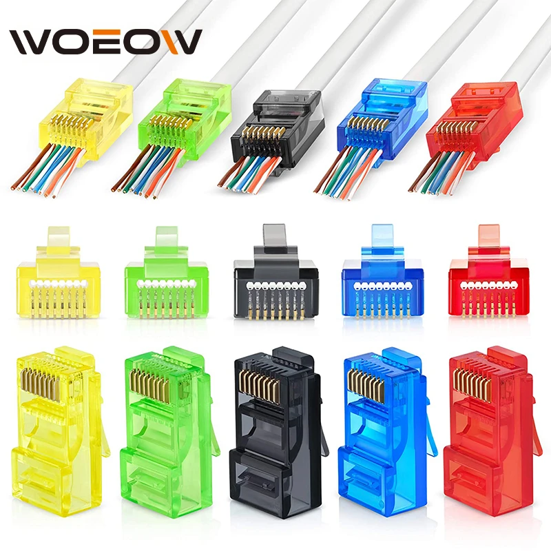 WoeoW 100PC RJ45 Cat6 Pass Through Connectors, Assorted Colors, EZ to Crimp Modular Plug for Solid or Stranded UTP Network Cable