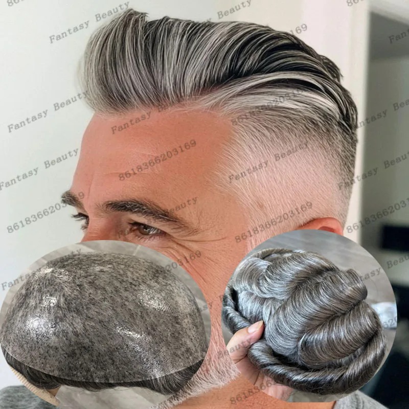 

Top Quality Natural 100% Human Hair 1B80 1B40 Gray Old Men Toupee Natural Hairline Man Wigs Replacement Hairpieces Prosthesis