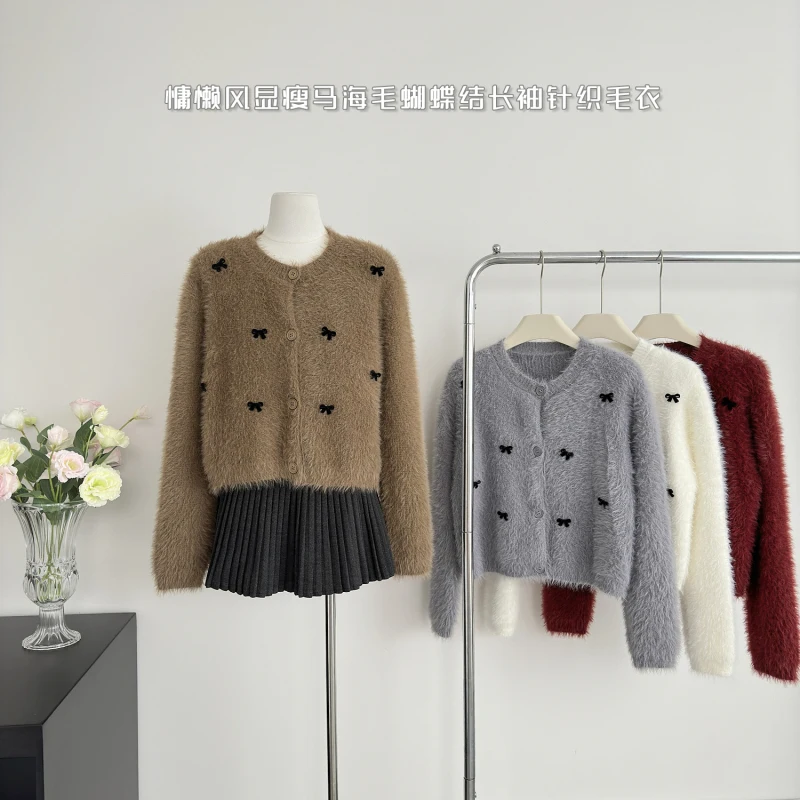 Autumn and winter bow contrasting imitation mink velvet soft waxy single-breasted knitted cardigan age-reducing plush sweater