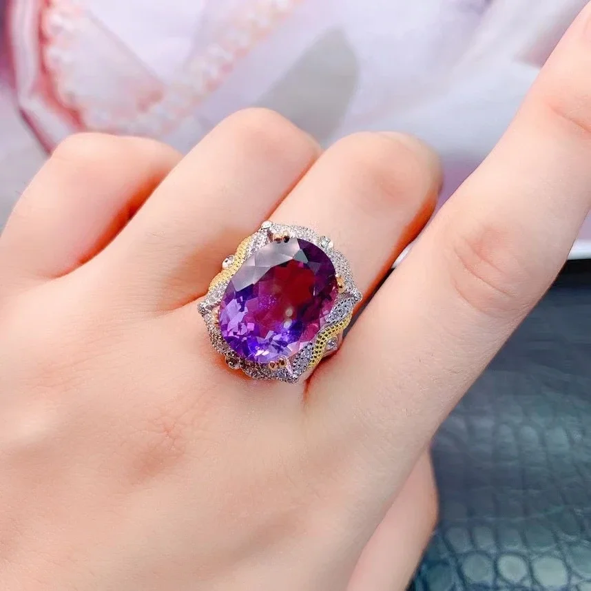 

Luxury Amethyst Silver Ring for Party 12mm*16mm VVS Grade 10ct Natural Amethyst Ring with 3 Layers 18K Gold Plating