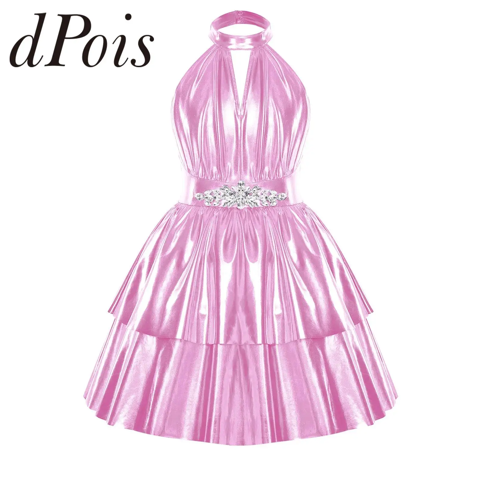 

Children's Dress Jazz Dance Party Costume Metallic Shiny Hiphop Disco Gown Music Festival Elegant Girls Halter Performance Dress