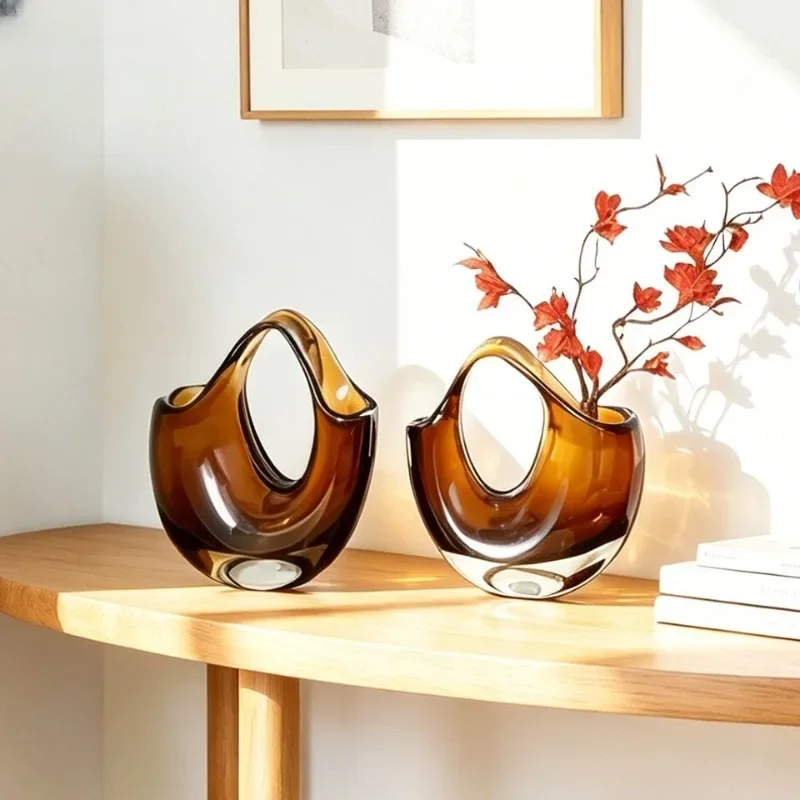 Handbag Shaped Amber Glass Vase Creative Art Flower Utensils Flower Arrangement Decorative Vases Hydroponic Vases Floral