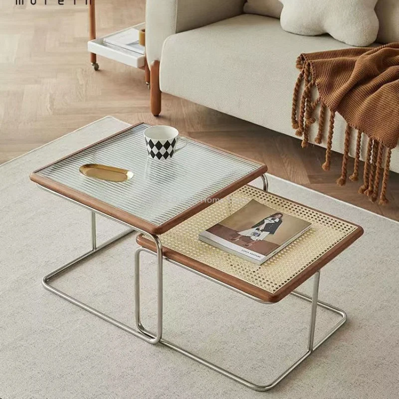 Nordic Style Stainless Steel Solid Wood Glass Coffee Table Size Combination Rattan Woven Sofa Corner Modern Simple Coffee Table