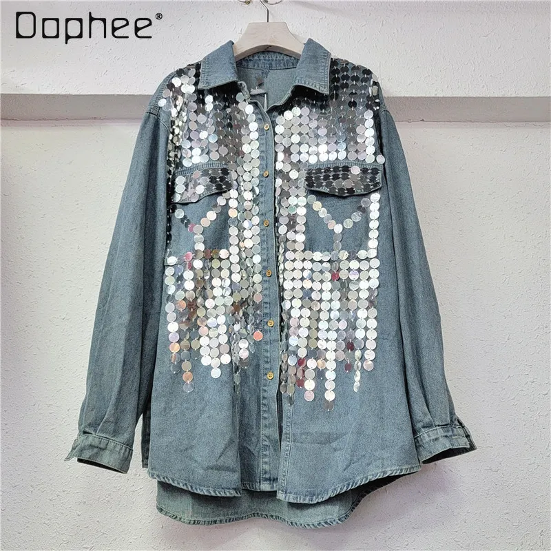 Streetwear Sequined Denim Shirt for Women 2024 Spring New Loose Woman Single Breasted Long Sleeve Jean Shirts Blusas Tops Mujer