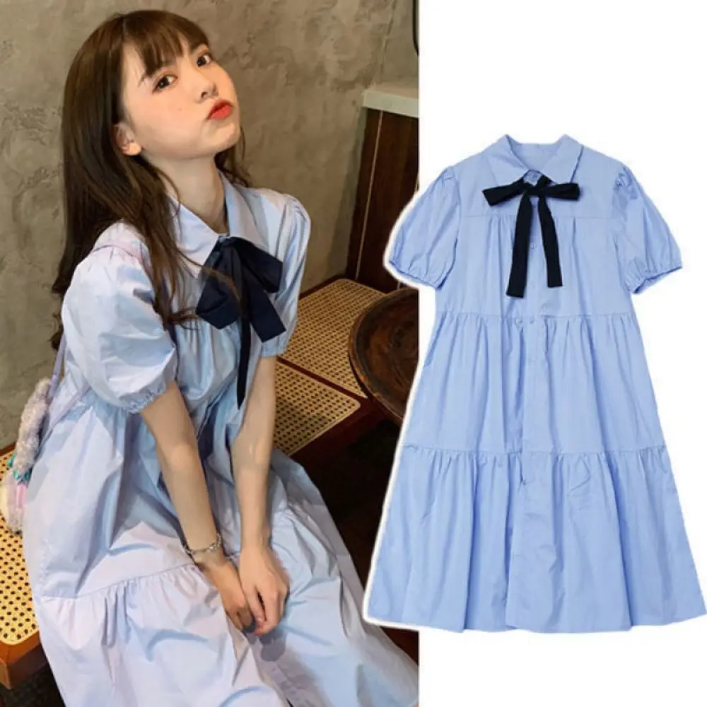 

Bowknot Girl Princess Dress Preppy Style Puff Short Sleeve Teenagers Shirt Dress Sweet Loose Children Bubble Dresses Party