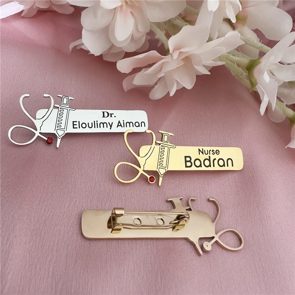 Custom stethoscope, syringe meaning nurse personalized name Brooch For Doctor Nurses Stainless Steel Custom Professional Brooch