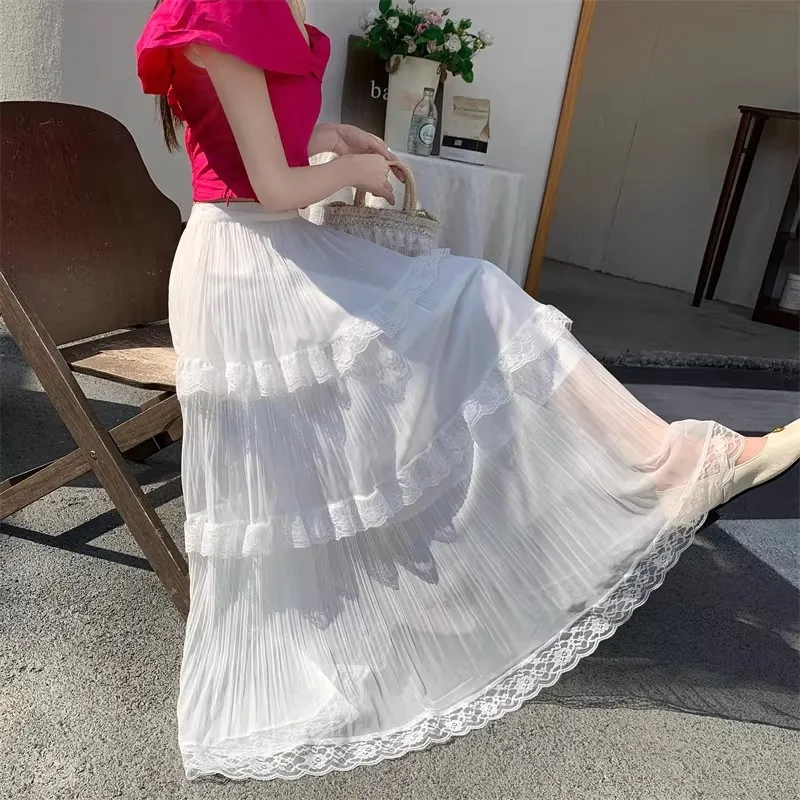 Retro Süßer Weißer Langer Rock für Damen, Lässiger Lockerer Rock mit Hoher Taille, Eleganter Vintage-Rock mit Spitzenbesatz, Koreanischer Sommer-Langrock – Detail 5
