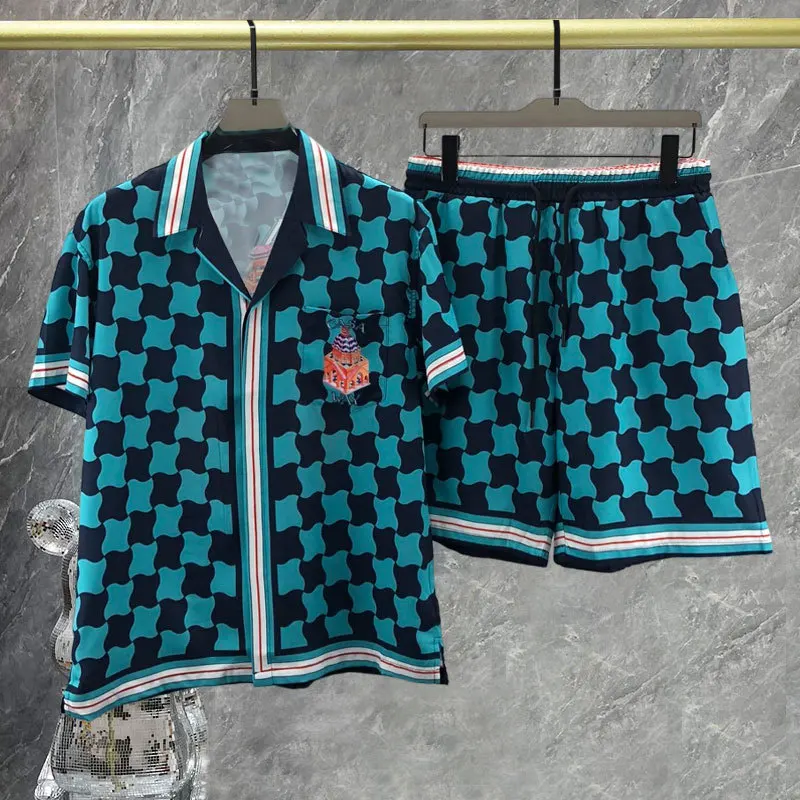 

2023 Summer Plaid Color Contrast Men Shirts Suit Hawaii Printing Set Casual Tracksuits Fashion Brand Shirt Loose Shorts Suit Men