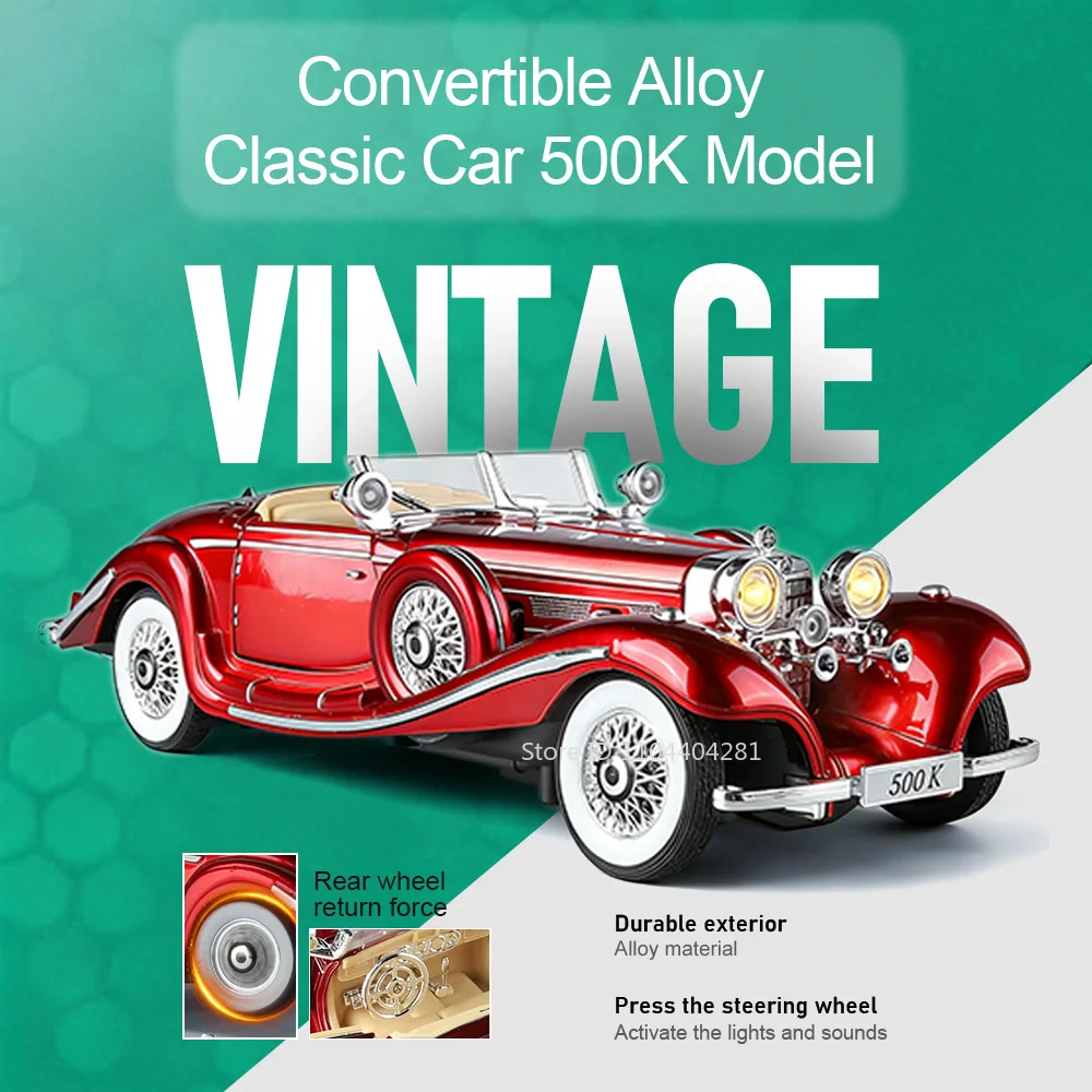 1:24 500K 300SL Legierung Oldtimer Druckguss-Modellauto mit Öffnenden Türen, Sound und Licht, Lenkbare Vorderräder, Miniatur-Auto, Exzellentes Geschenk