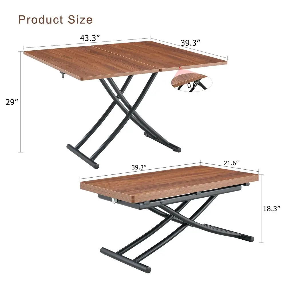 Mesa de centro elevatória multifuncional, mesa de nogueira, 0.8 espaços, mdf, textura de nogueira, altura ajustável, pernas de metal preto