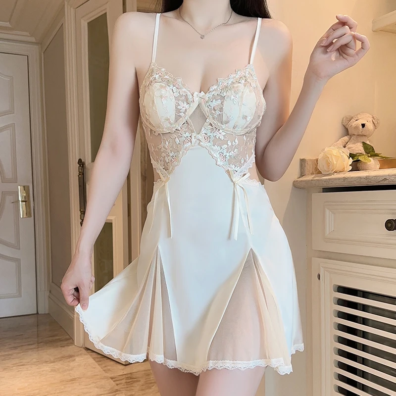 꽃 자수 가운 세트 섹시한 성인 Lingеrie 나이트 드레스 여성 Lencerias Nightgowns Nuisette Sexy De Nuit Sleepwear Woman