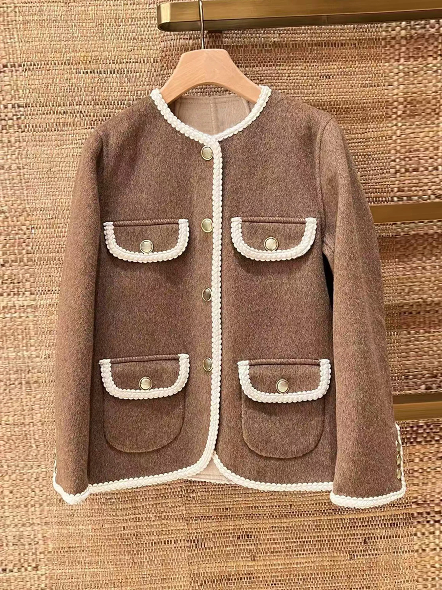 

Ele Retro Tweed Open Cardigan Jaet for Women High End Autumn Faion Commute Sle Stand Fit Floral Long Sve