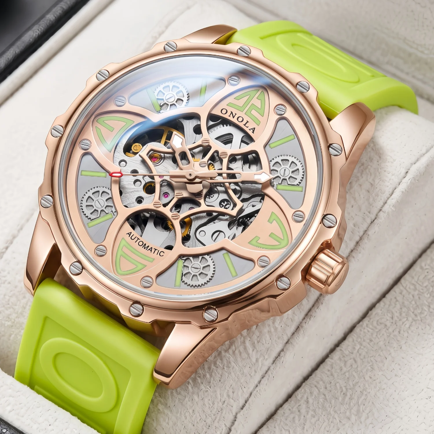 ONOLA Men's Mechanical Watch Alloy Case Silicone Strap Waterproof Luminous Gear Dial Sports Watch, Suitable for Daily Outdoor