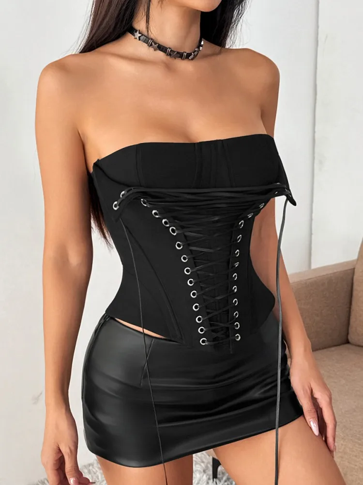 Fishbone Corset with Rope Tie Sexy Strapless Camisole Summer Fashion Slim Fit Bustier Y2k Tank Top Women Corsets Sleeveless Vest