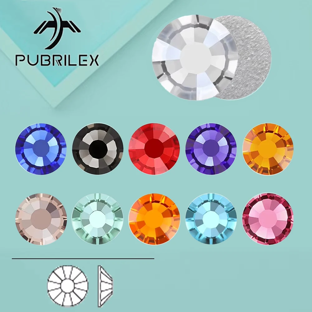 

PUBRILEX оригинальные цвета, стразы без горячей фиксации, 14-разрезанные лица, стеклянные стразы с плоской задней частью для дизайна ногтей, одежда, украшения для обуви