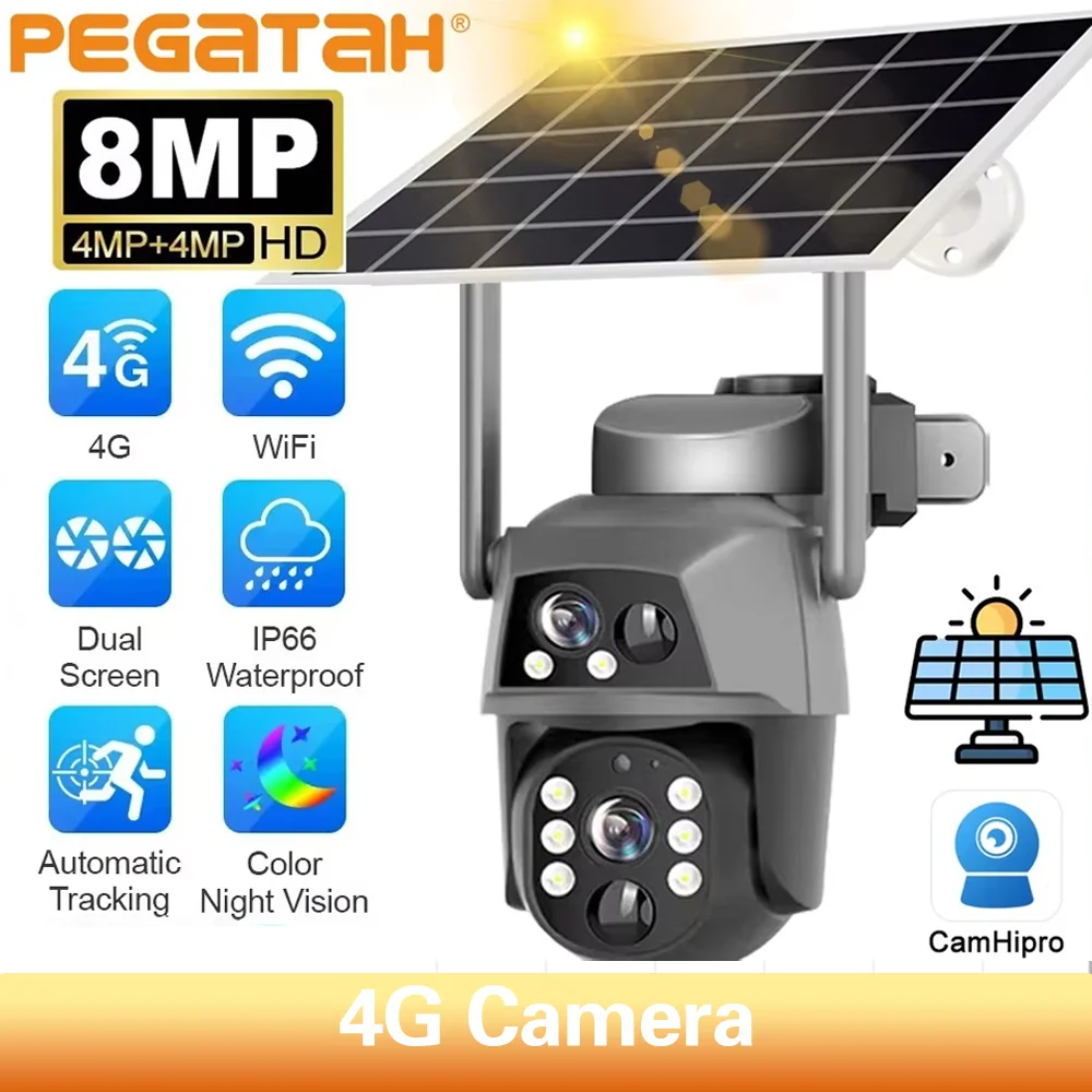 HD 4G Solar Camera, 8MP Dual Lens, WiFi Surveillance PTZ Battery PIR Human Detection Night CCTV Cam Campi Pro APP