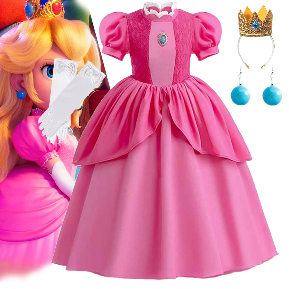 Peach Princess Cosplay Dress Girl Movie Role Playing Costume Birthday Party Stage Performace Outfits Kids Carnival Fancy Clothes