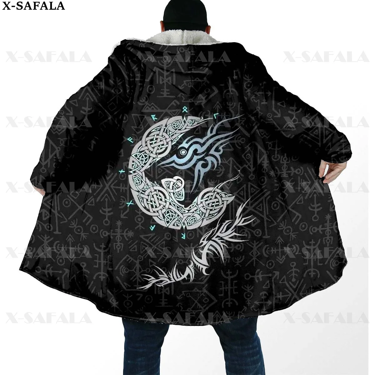 Tattoo Symbol Viking Wolf/Odin/Raven Thick Warm Hooded Cloak Men Overcoat Coat Windproof Fleece Cape Robe Hooded Blanket-3