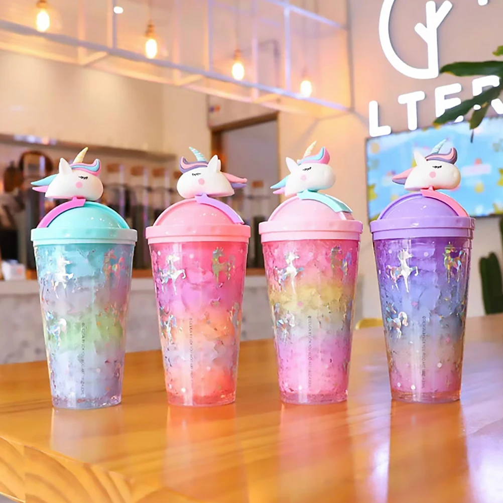 

Unicorn Ice Cup Pink 450ml Double Layer Straw Water Bottle Sippy Cup High Capacity Safe Gift Baby Feeding Accessories