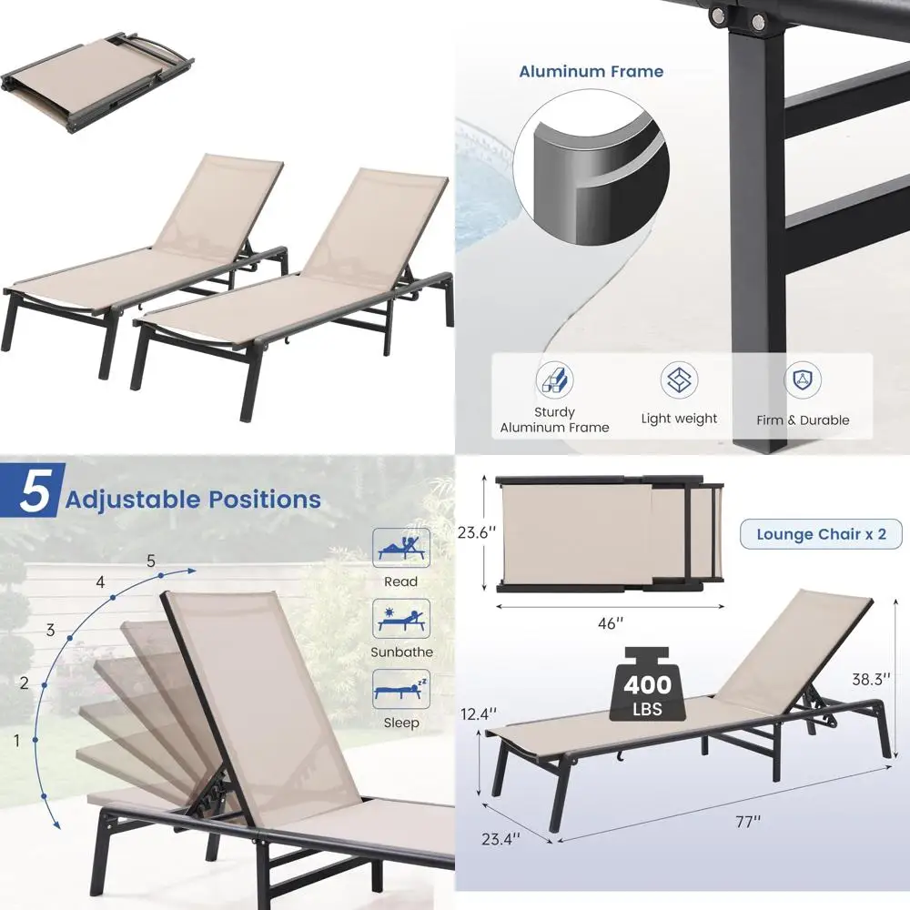 Foldable Aluminum Outdoor Chaise Lounge Chairs Set of 2, No Assembly Needed, 5-Position Adjustable Backrest, Lightweight Portabl