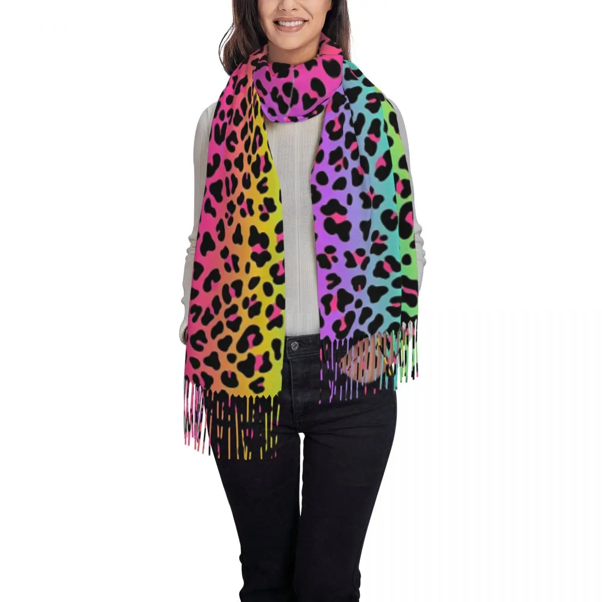ネオンレインボーレオパードプリントスカーフ、ロングタッセル付き、暖かく柔らかいショールとラップ、レディースプリントスカーフ、秋のy2kクールなブファンダ