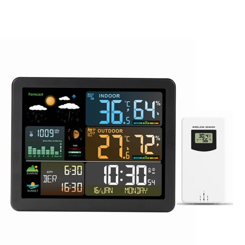 Color Weather Station Wall Dual Alarm Clock Digital Temperature Humidity Mointor Barometer Moon Phase Tide Indicator Sensor -40C