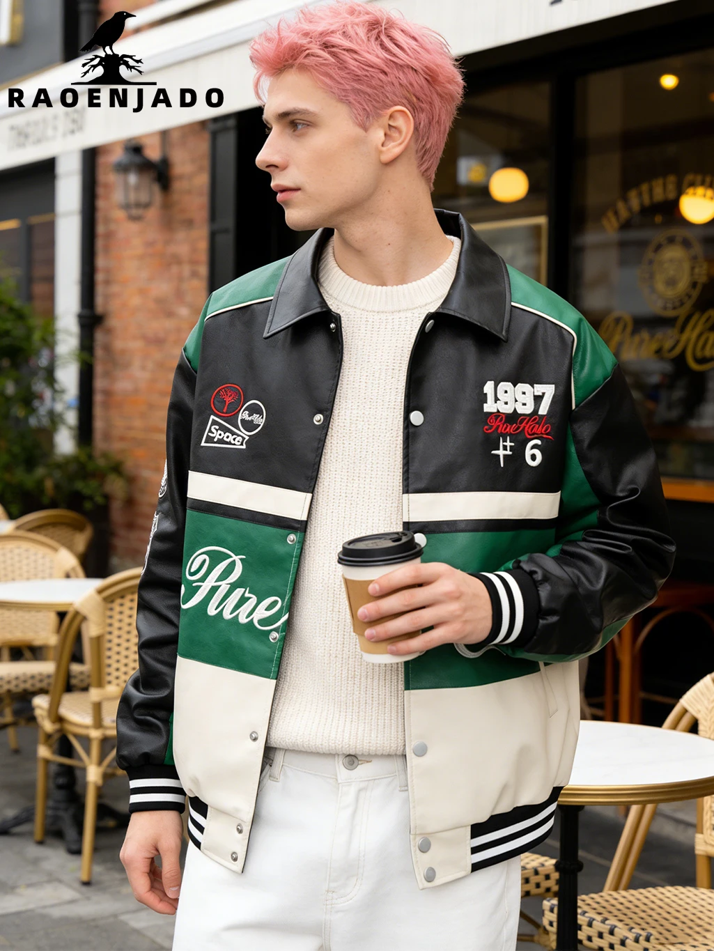 Men's PU Faux Leather Jacket Racing Motorcycle Bomber Coat Colorblock Baseball Outerwear with Fine Embroidery and Inner Pocket