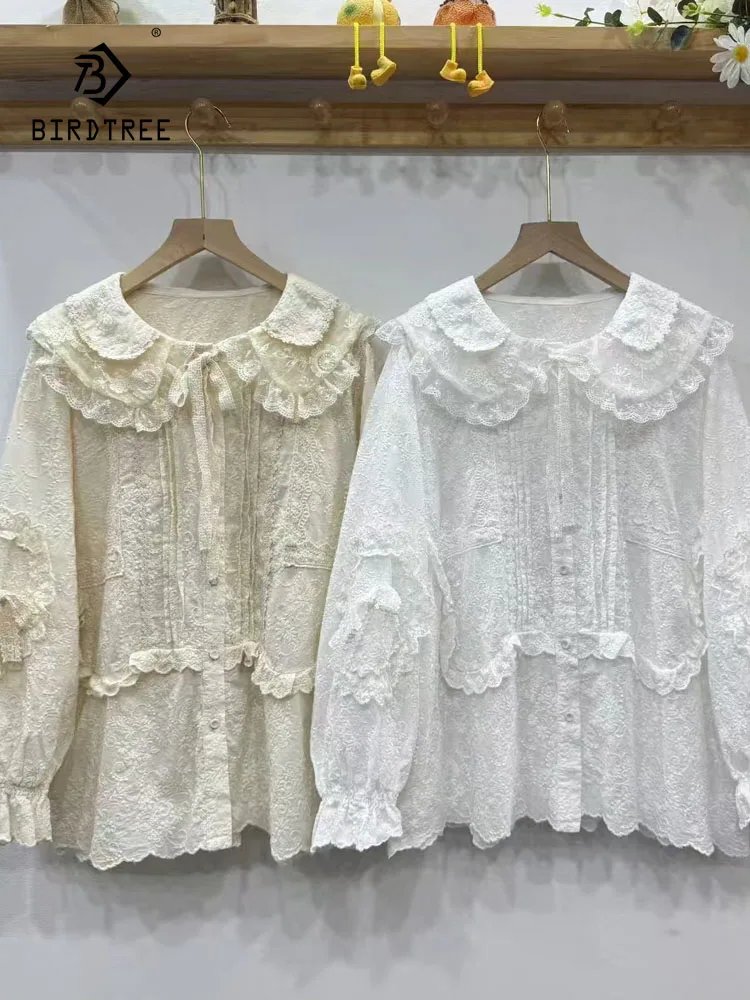 

New 2025 Autumn Cotton Linen Long Sleeve Shirt, Women Ruffled Embroidery Lace, Mori Girl Sweet Commute Loose Blouse T58556CC