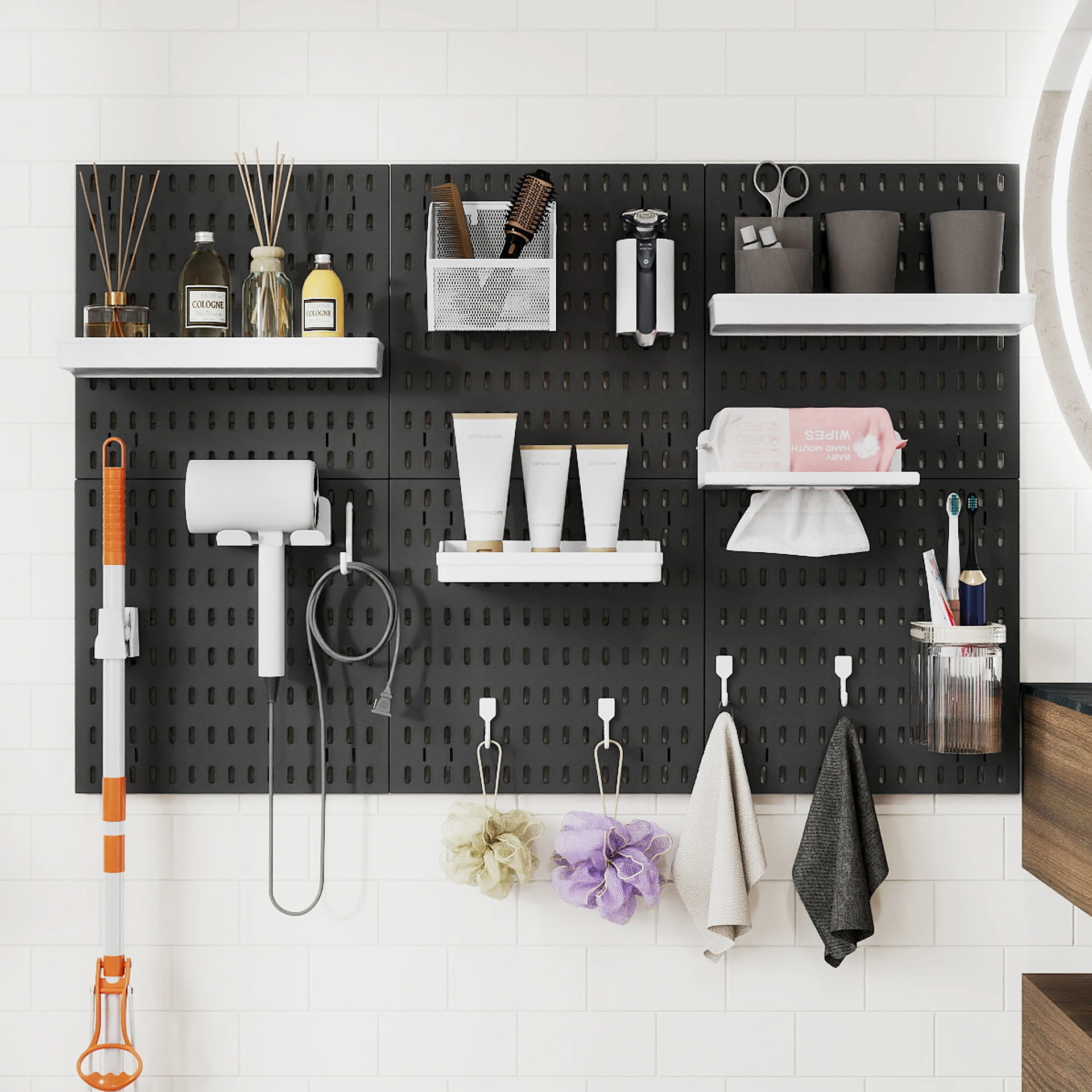 Modular Pegboard Storage System for Bathroom Wall No Drilling Organizer with Hooks Shelves for Toiletries Cleaning Tools