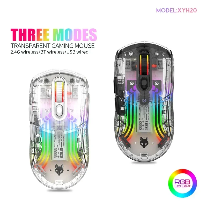 Xyh20 bt5.0 2.4g mouse sem fio de três modos transparente rgb mouse mecânico jogos esports mouse silencioso com fio