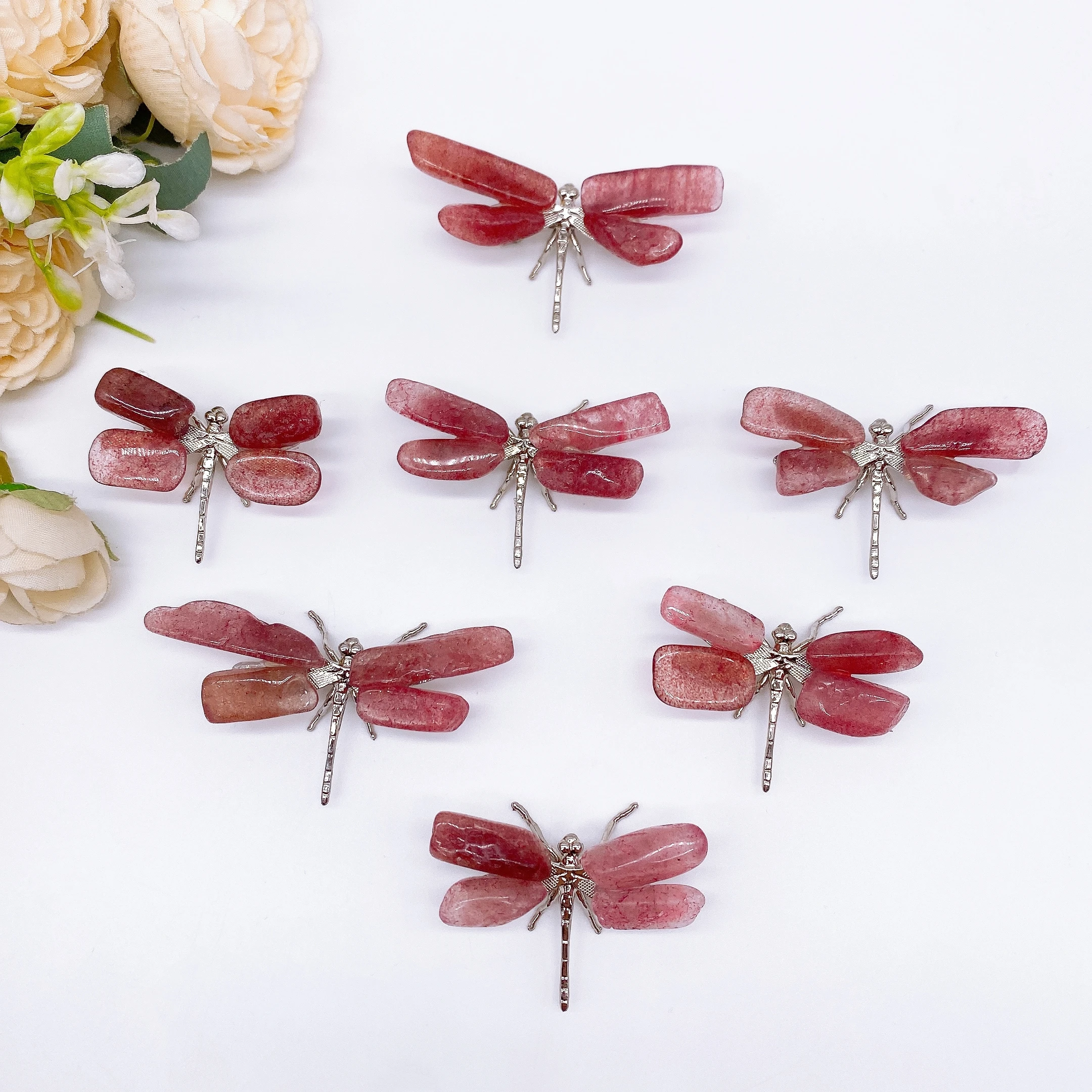 1PC Natural Pink Strawberry Quartz Dragonfly Crystal Stone spar crafts Butterfly Statue Reiki Healing Home Decor Children Gift