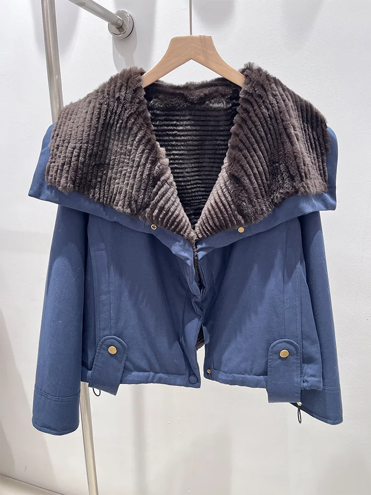 2025 mulheres inverno quente natural rex coelho pele jaquetas gola de pele casaco grosso feminino outwear