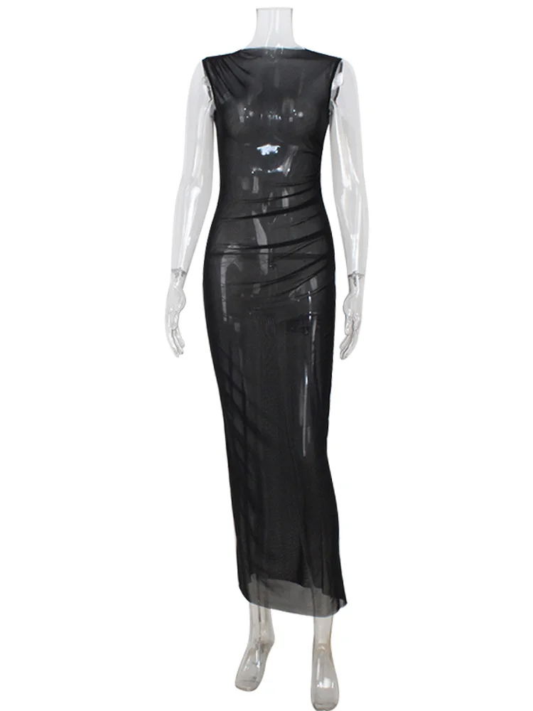 Ahagaga Abiti lunghi da donna in rete sexy Solido Sheer O-Collo Guaina senza maniche Slim Fit Grembiule Regular Causale Streetwear Abiti