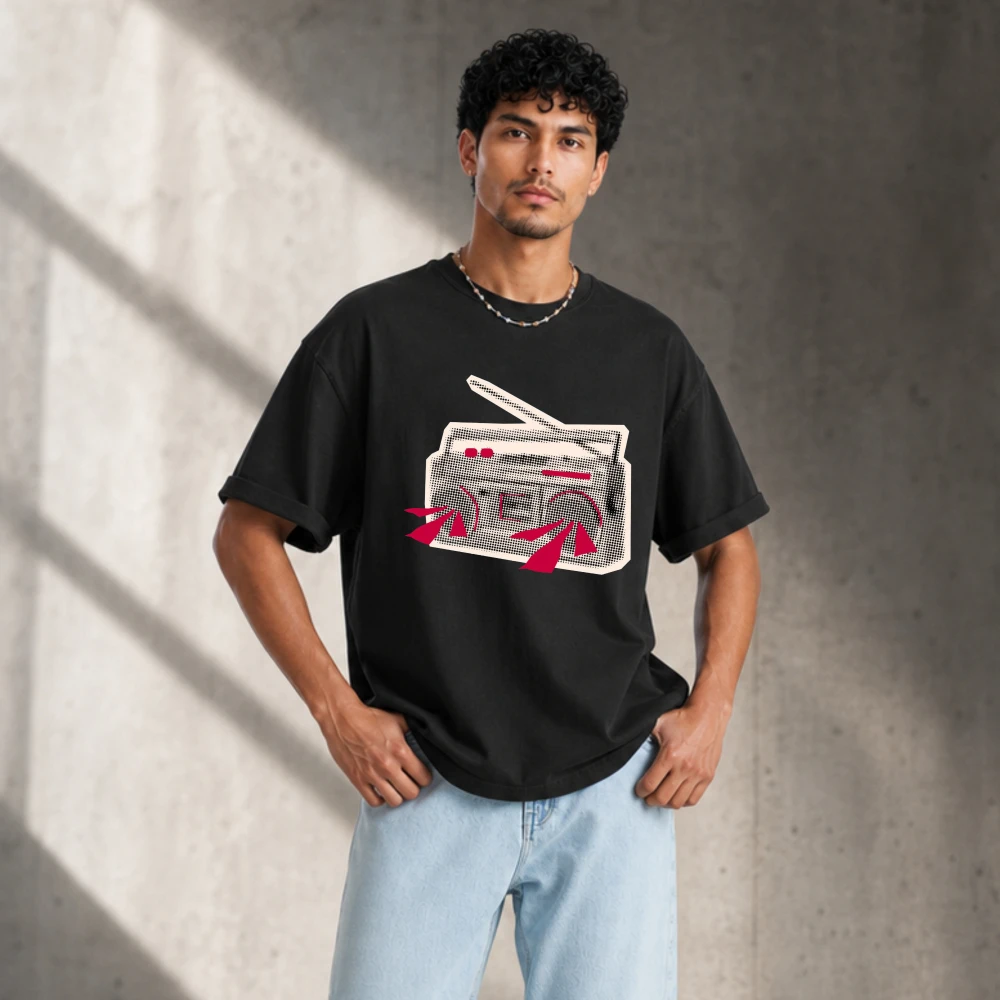 Retro Vintage Boombox Graphic T-shirt Oversized Crewneck Short Sleeve Music Lover DJ Shirt Black White Red Cassette Antenna Spea