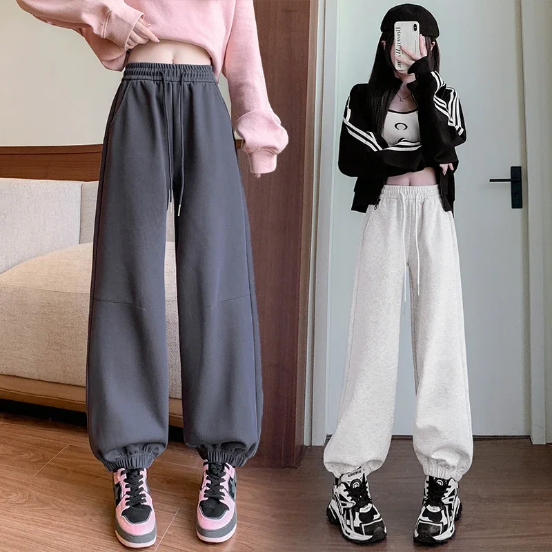 

Gray Joggers Women Wide Leg Sports Pants Cotton Jogging Oversized Sweatpants Women Vintage High Waist Elastic Runing Pants Women